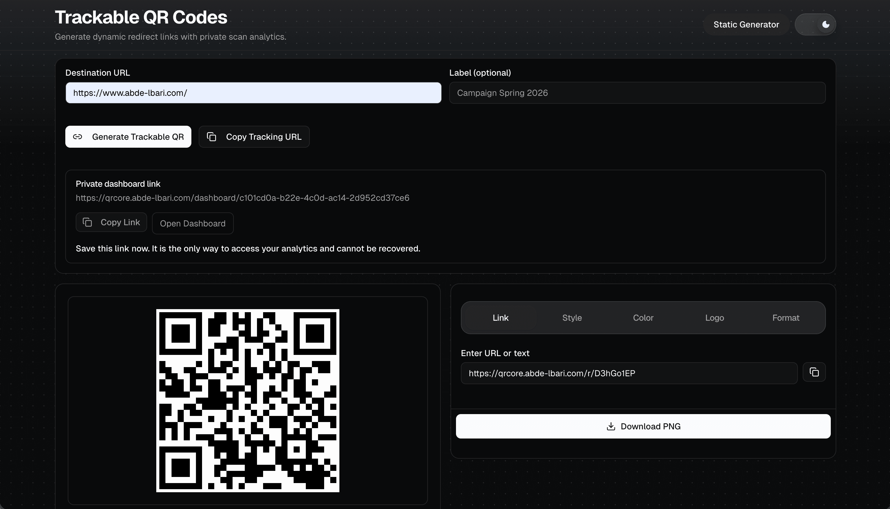 Dynamic QR Code Generator screenshot
